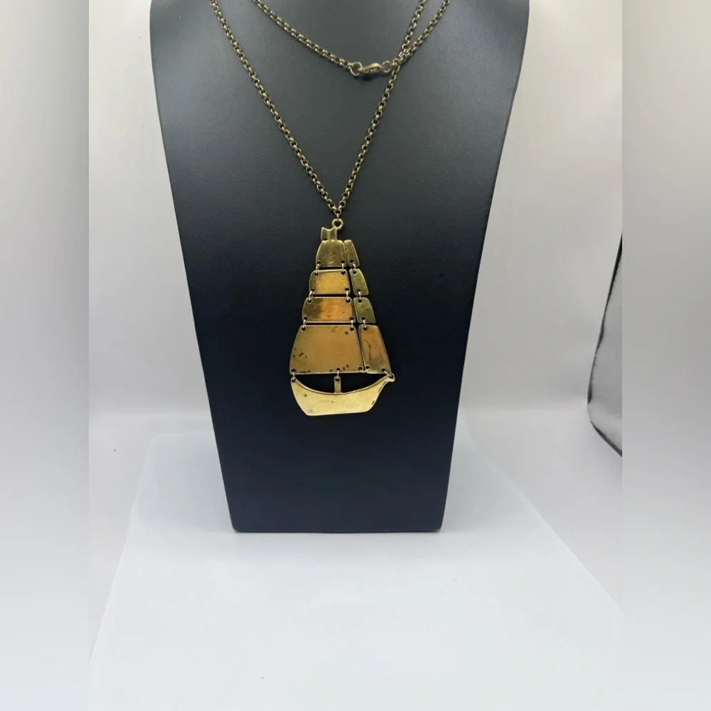 Nautical Ship Boat Brass Pendant  Necklace Oversized Articulated Ship - Picture 2 of 15